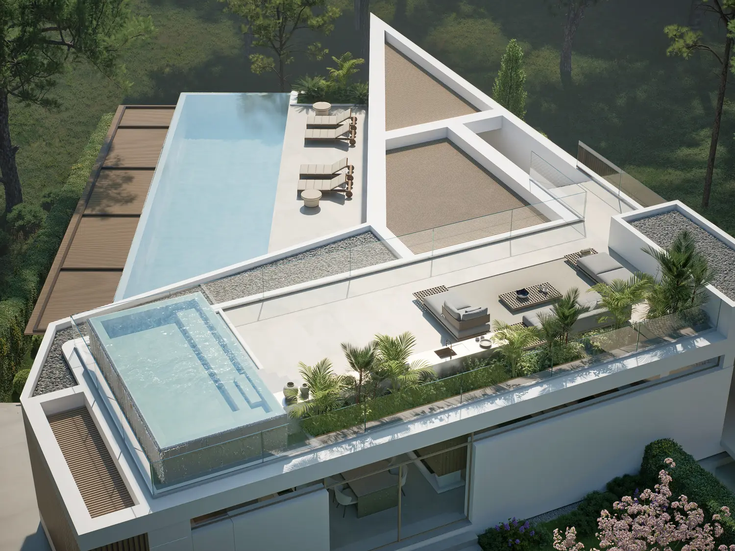 Vista aérea do rooftop com as duas piscinas (imagem ilustrativa)
