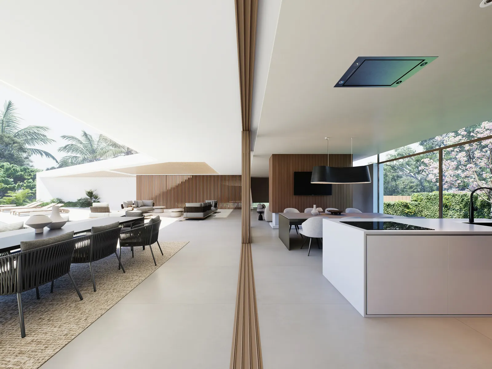 Cozinha e sala de jantar abertas para o exterior (imagem ilustrativa)