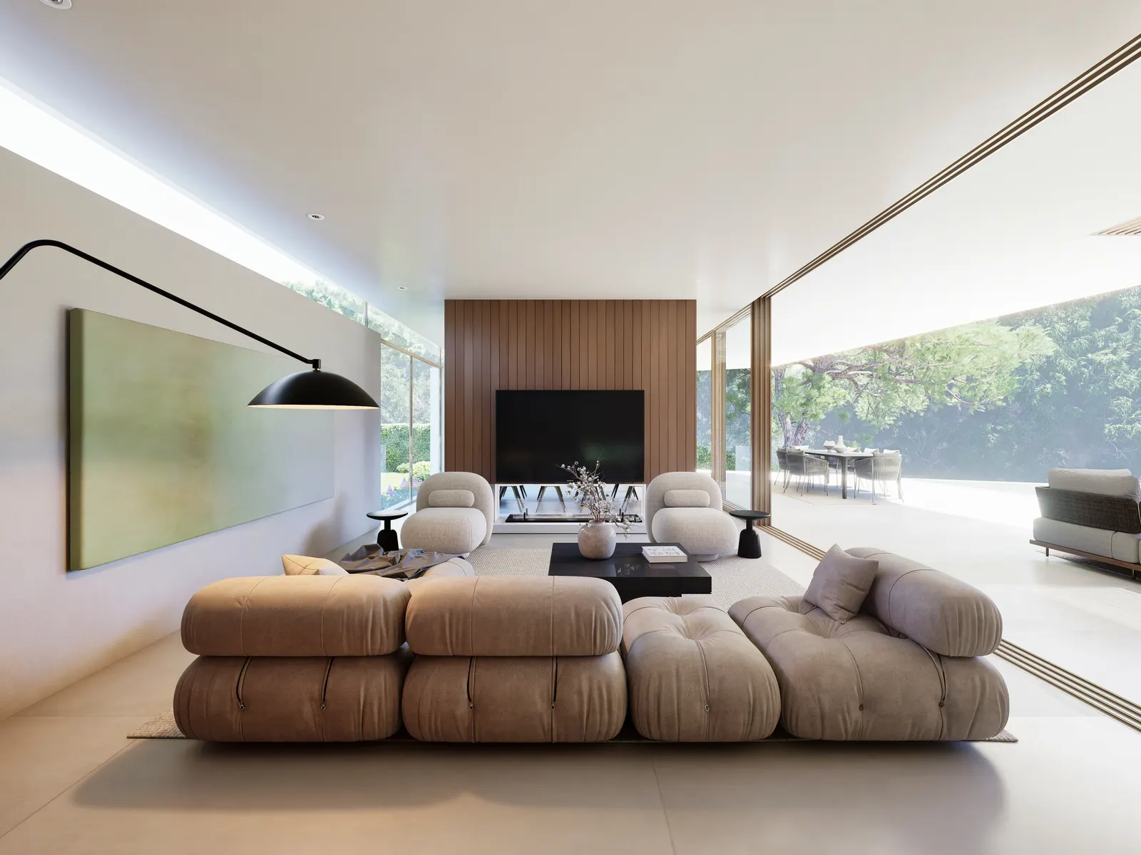 Sala de estar aberta para o terraço e o jardim (imagem ilustrativa)